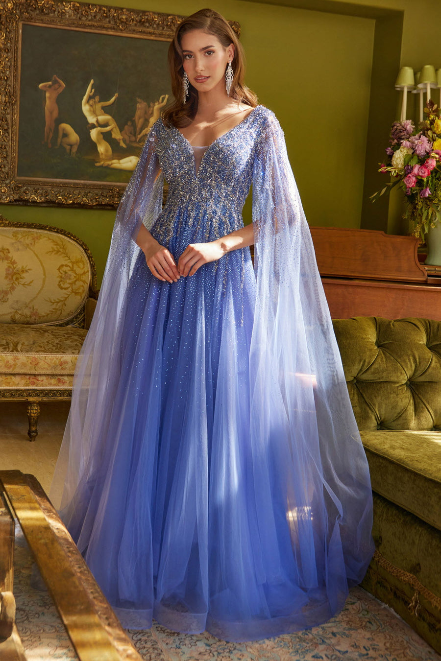 Formal Dresses Long A Line Beaded Sequin Cape Sleeve Formal Dress Lavender Blue