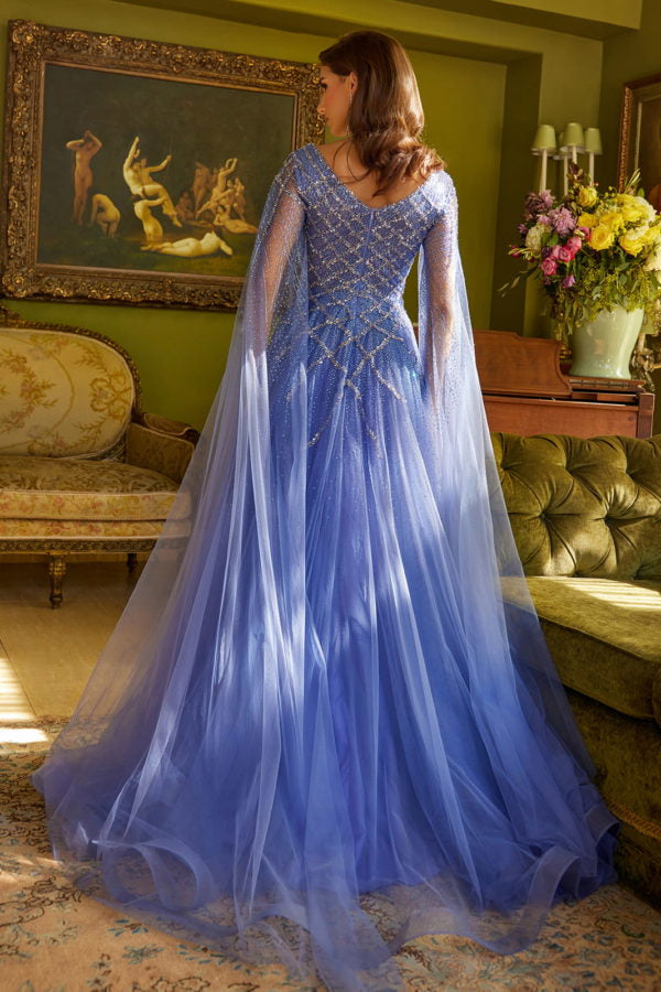 Formal Dresses Long A Line Beaded Sequin Cape Sleeve Formal Dress Lavender Blue