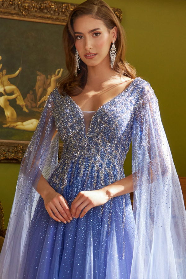 Formal Dresses Long A Line Beaded Sequin Cape Sleeve Formal Dress Lavender Blue