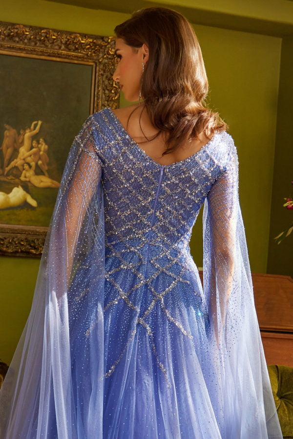 Formal Dresses Long A Line Beaded Sequin Cape Sleeve Formal Dress Lavender Blue