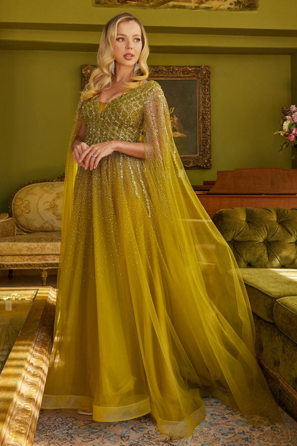 Formal Dresses Long A Line Beaded Sequin Cape Sleeve Formal Dress Olive