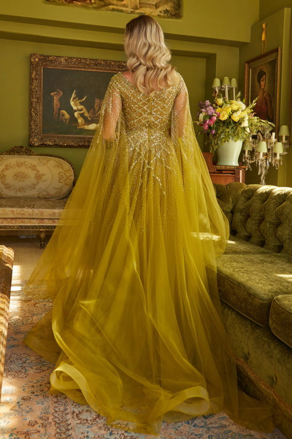 Formal Dresses Long A Line Beaded Sequin Cape Sleeve Formal Dress Olive