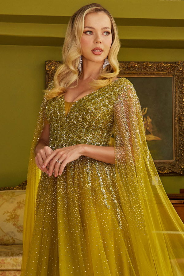Formal Dresses Long A Line Beaded Sequin Cape Sleeve Formal Dress Olive