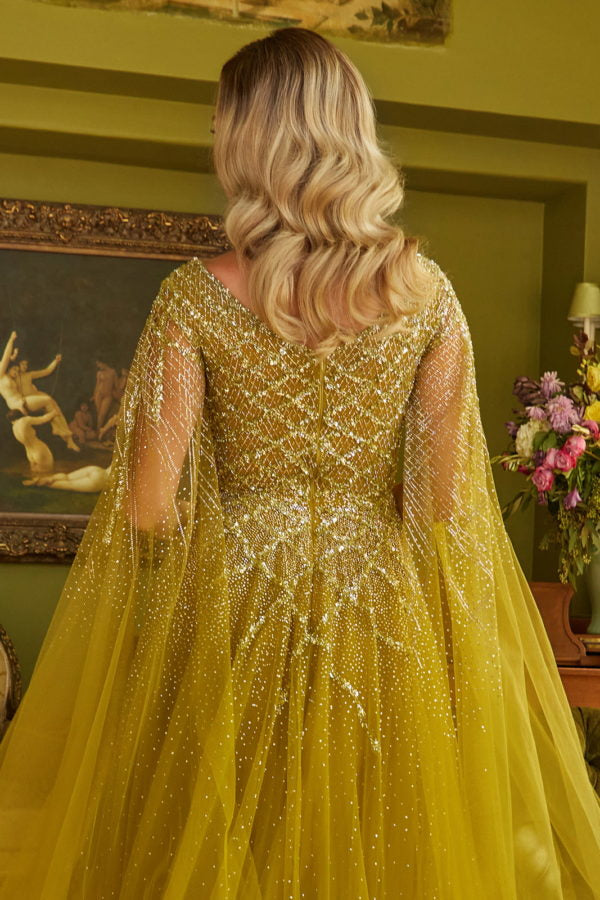 Formal Dresses Long A Line Beaded Sequin Cape Sleeve Formal Dress Olive