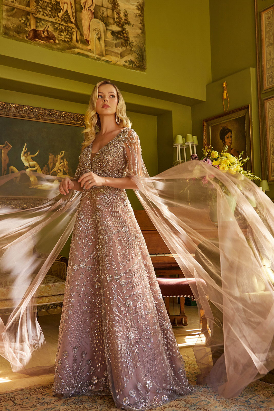 Formal Dresses A Line Long Formal Sequin Cape Sleeve Dress Mauve