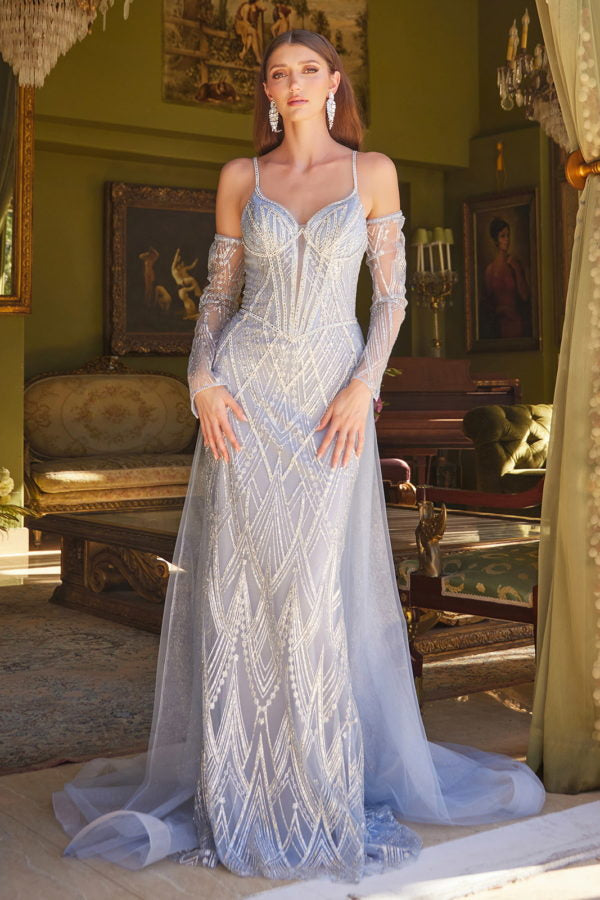 Prom Dresses Fitted Long Formal Glitter Overskirt Prom Dress Smoky Blue