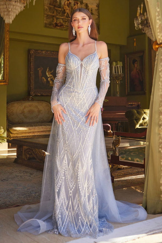 Prom Dresses Fitted Long Formal Glitter Overskirt Prom Dress Smoky Blue