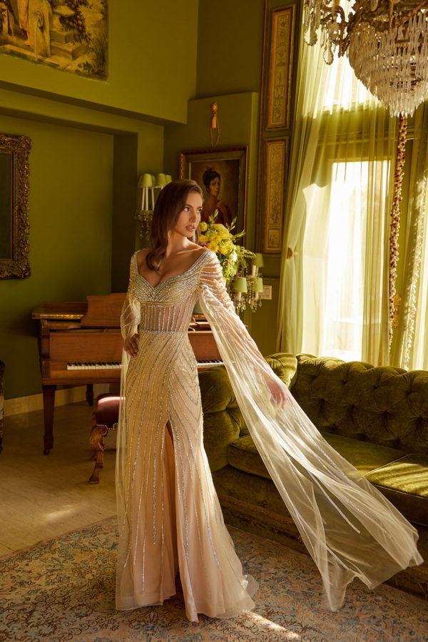 Prom Dresses Long Formal Cape Sleeve Prom Dress Champagne