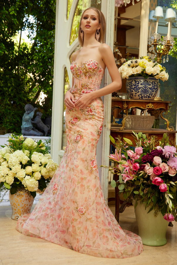 Prom Dresses Long Fitted Floral Applique Formal Sequin Prom Dress Peach