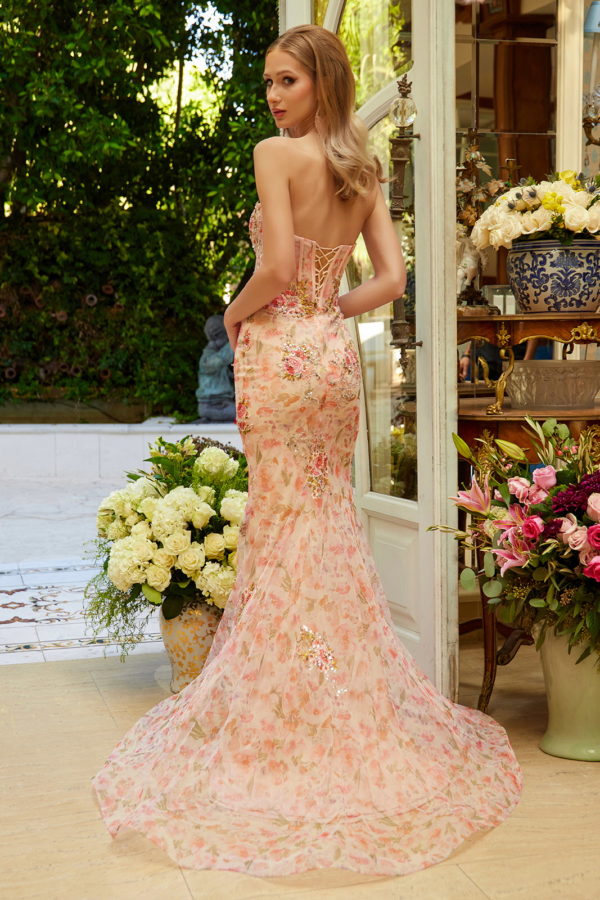 Prom Dresses Long Fitted Floral Applique Formal Sequin Prom Dress Peach