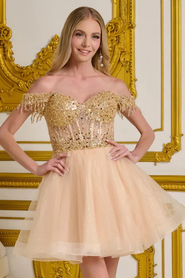 Short Homecoming A Line Glitter Sequin Prom Dress Champagne