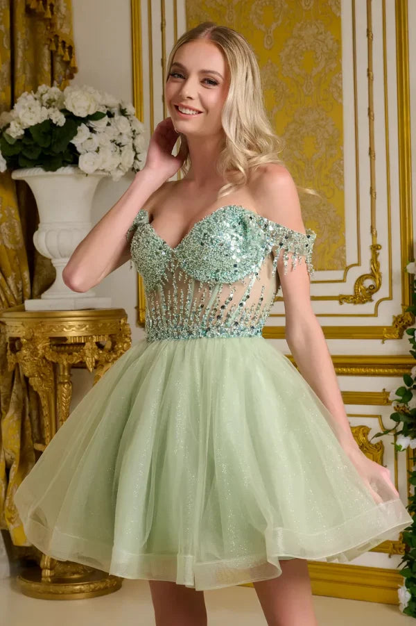 Short Homecoming A Line Glitter Sequin Prom Dress Sage