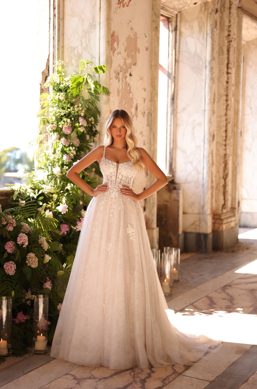 Wedding Dresses A Line Long Bridal Lace Wedding Dress Ivory/Ivory