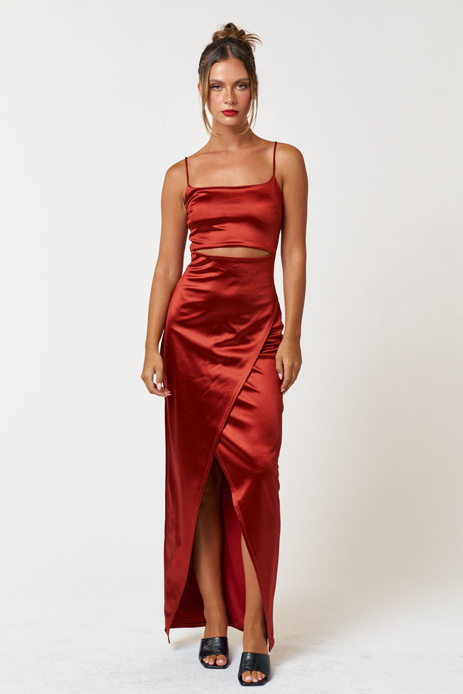 Formal Dresses Long Spaghetti Strap Satin Jersey Maxi Dress Rust