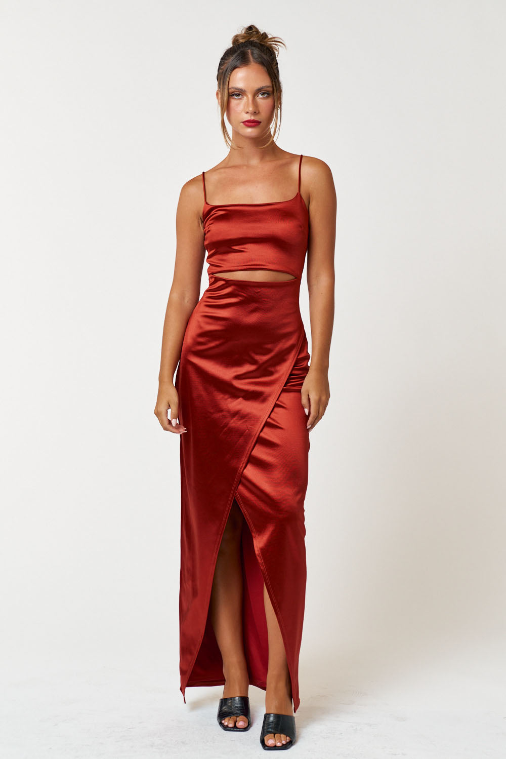 Formal Dresses Long Spaghetti Strap Satin Jersey Maxi Dress Rust