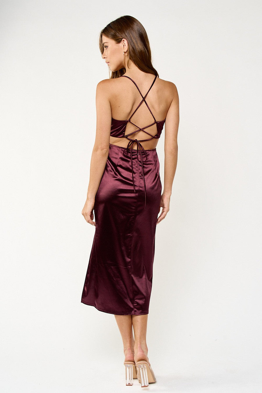 Cocktail Dresses Satin Spaghetti Strap Side Cutout Midi Dress Plum