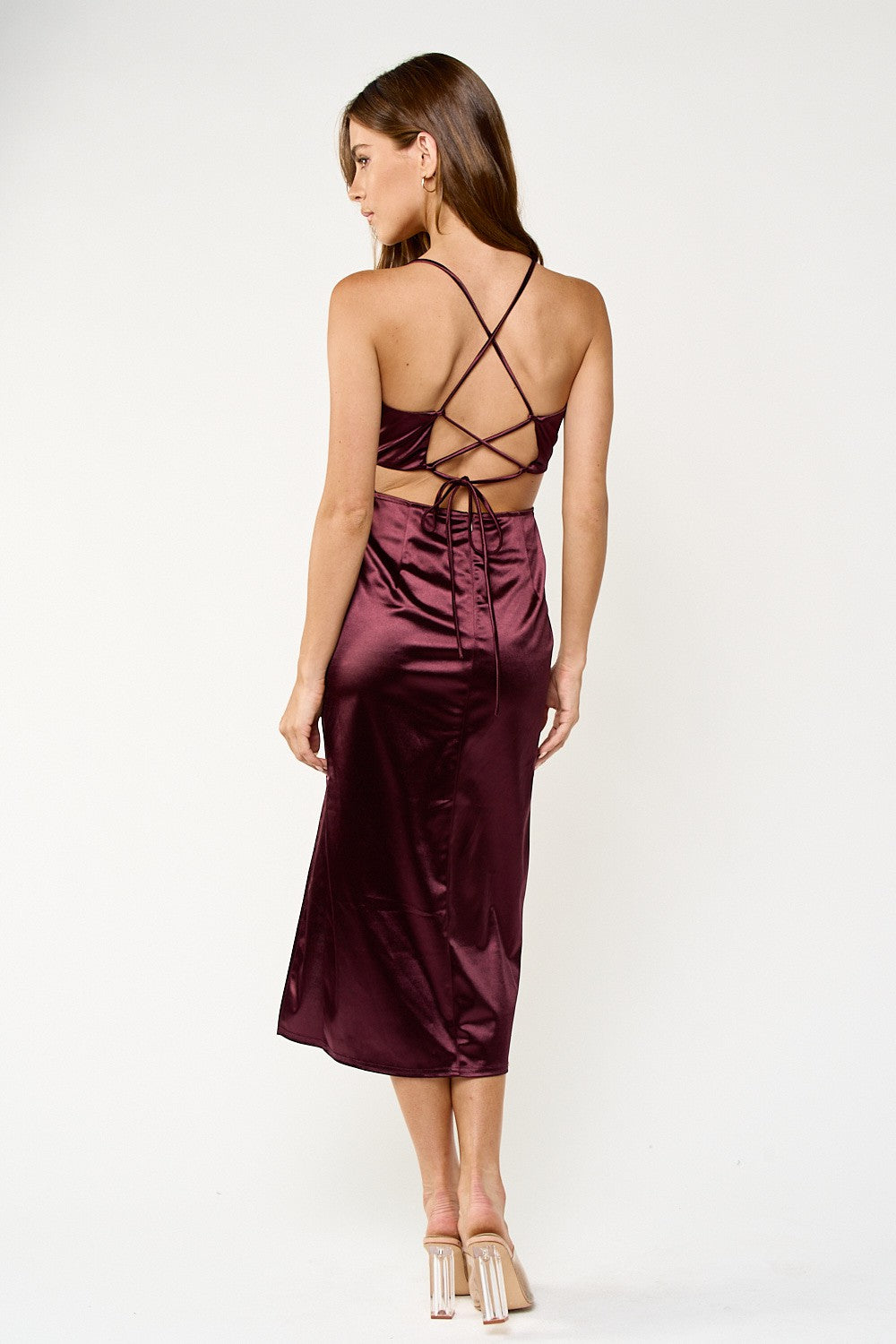 Cocktail Dresses Satin Spaghetti Strap Side Cutout Midi Dress Plum