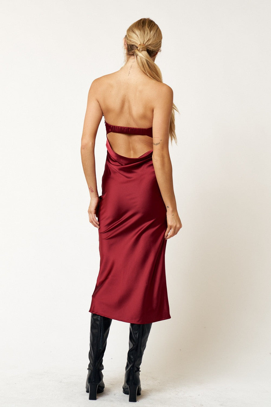 Cocktail Dresses Strapless Satin Cowl Back Bandeau Midi Dress Burgundy
