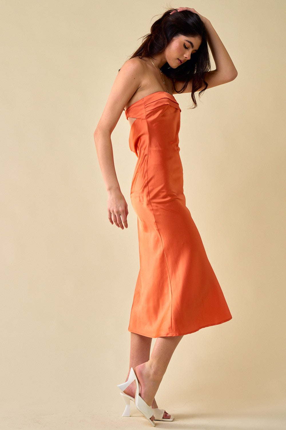 Cocktail Dresses Strapless Satin Cowl Back Bandeau Midi Dress Orange