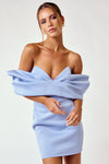 Cocktail Dresses Short Off Shoulder Front Ribbon Scuba Mini Dress Lt Blue