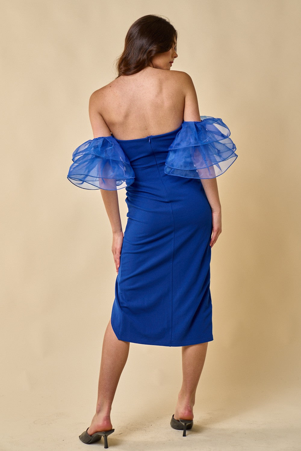 Cocktail Dresses Off Shoulder Organza Ruffle Sleeve Midi Dress Royal