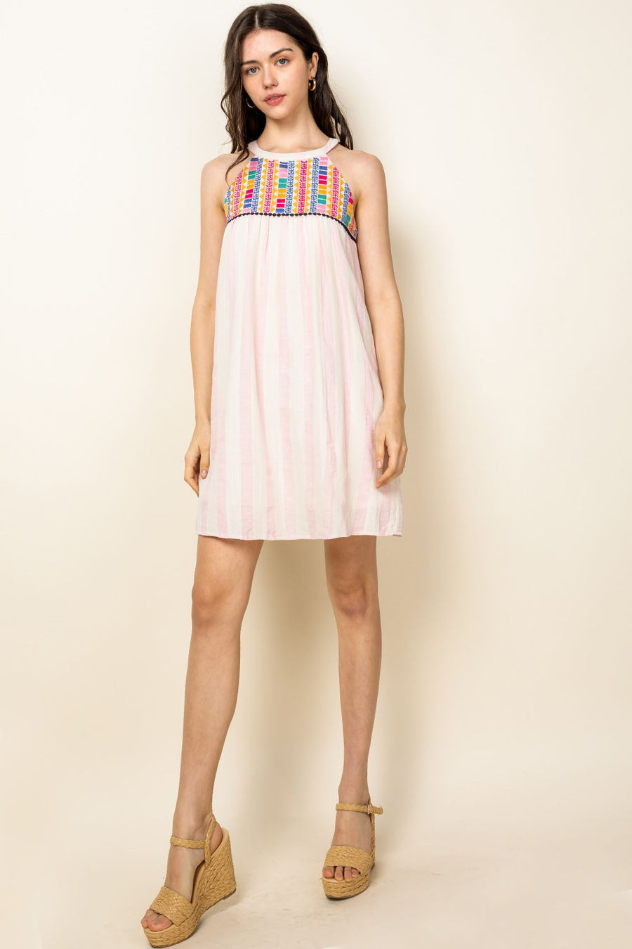 Cocktail Dresses Short Halter Stripe Embroidered Dress Pink