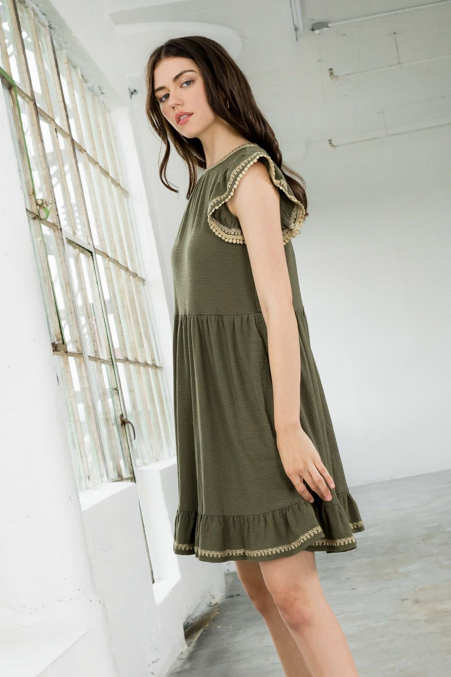 Cocktail Dresses Short Embroidered Flutter Sleeve Dress Olive