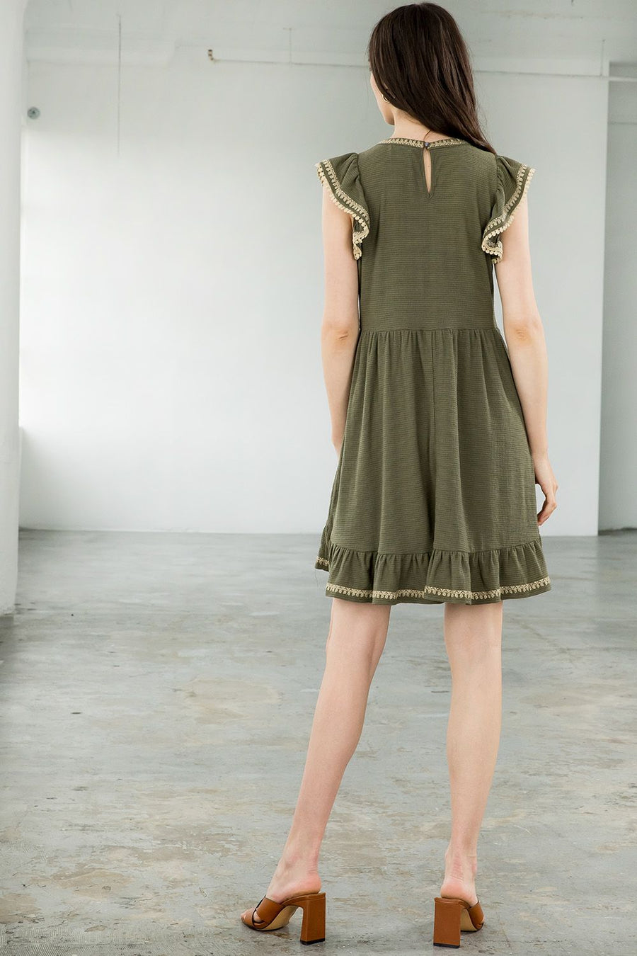 Cocktail Dresses Short Embroidered Flutter Sleeve Dress Olive