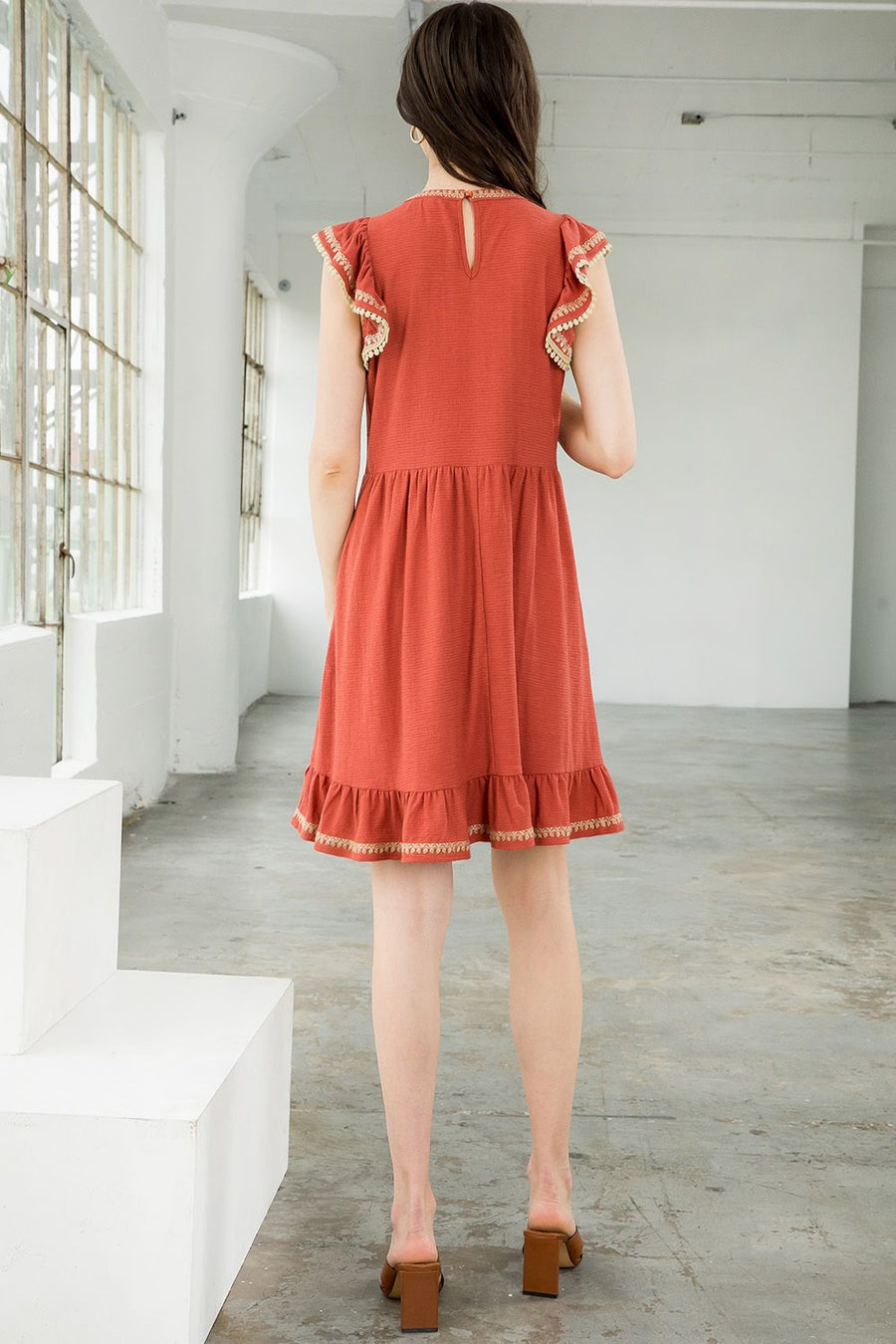 Cocktail Dresses Short Embroidered Flutter Sleeve Dress Rust