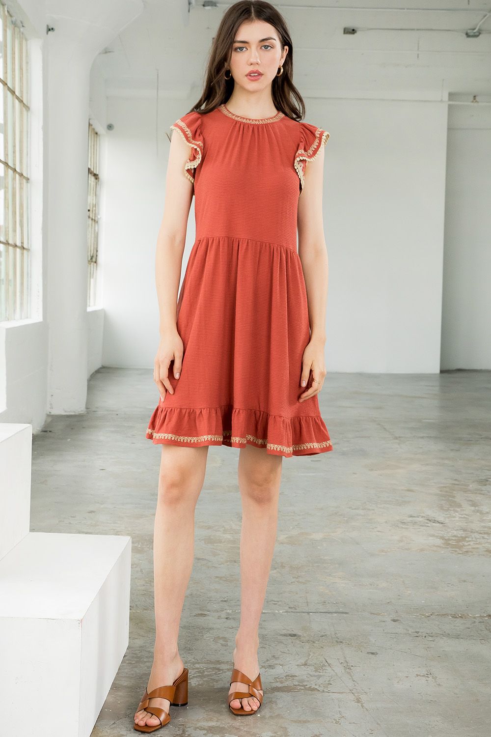 Cocktail Dresses Short Embroidered Flutter Sleeve Dress Rust