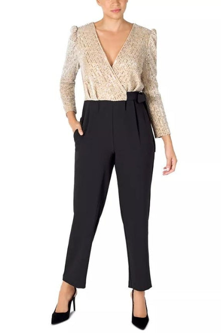 Jumpsuit Sequin Long Formal Pocket Dress Ivory Black