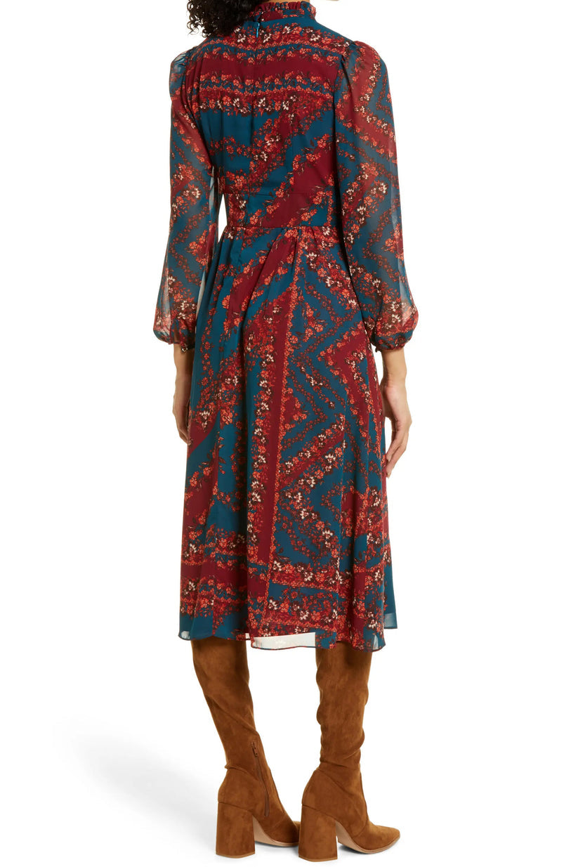 Cocktail Dresses Floral Long Sleeve A Line Midi Cocktail Dress Teal Multi