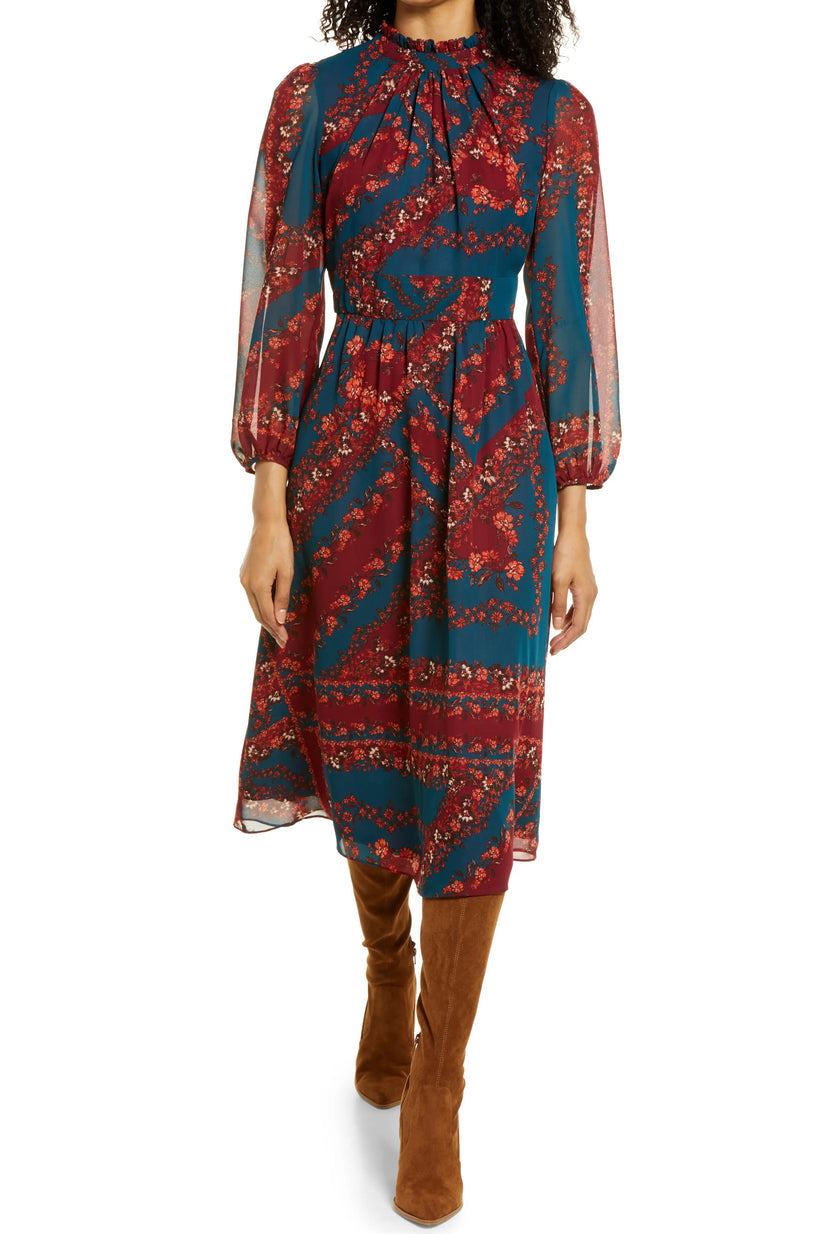 Cocktail Dresses Floral Long Sleeve A Line Midi Cocktail Dress Teal Multi