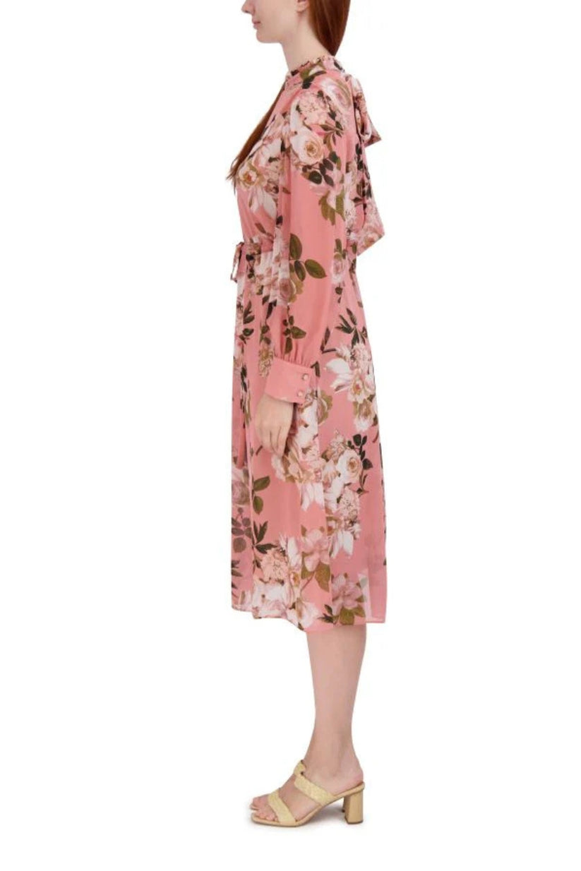 Cocktail Dresses Floral Print Long Sleeve Ruffle Midi Dress Blush Multi