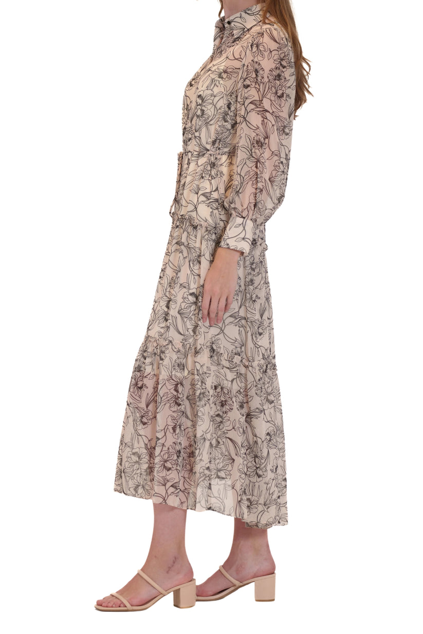 Cocktail Dresses Short Collared Tiered Printed Midi Cocktail Dress Ivory Multi