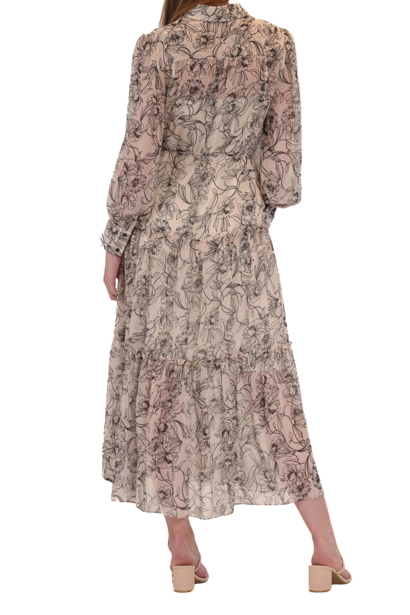 Cocktail Dresses Short Collared Tiered Printed Midi Cocktail Dress Ivory Multi