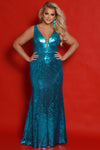 Plus Size Dresses Fitted Long Layered Sequin Formal Plus Size Evening Dress Turquoise