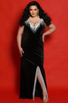Plus Size Dresses Long Fitted Beaded Slit Formal Velvet Plus Size Evening Dress Onyx