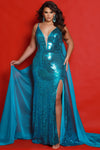 Plus Size Dresses Fitted Sequin Long Slit Formal Evening Plus Size Dress Turquoise