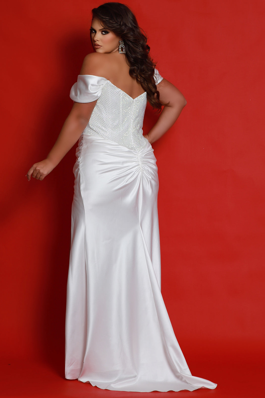 Prom Dresses Fitted Long Ruched Formal Pleated Slit Prom Plus Size Dress White