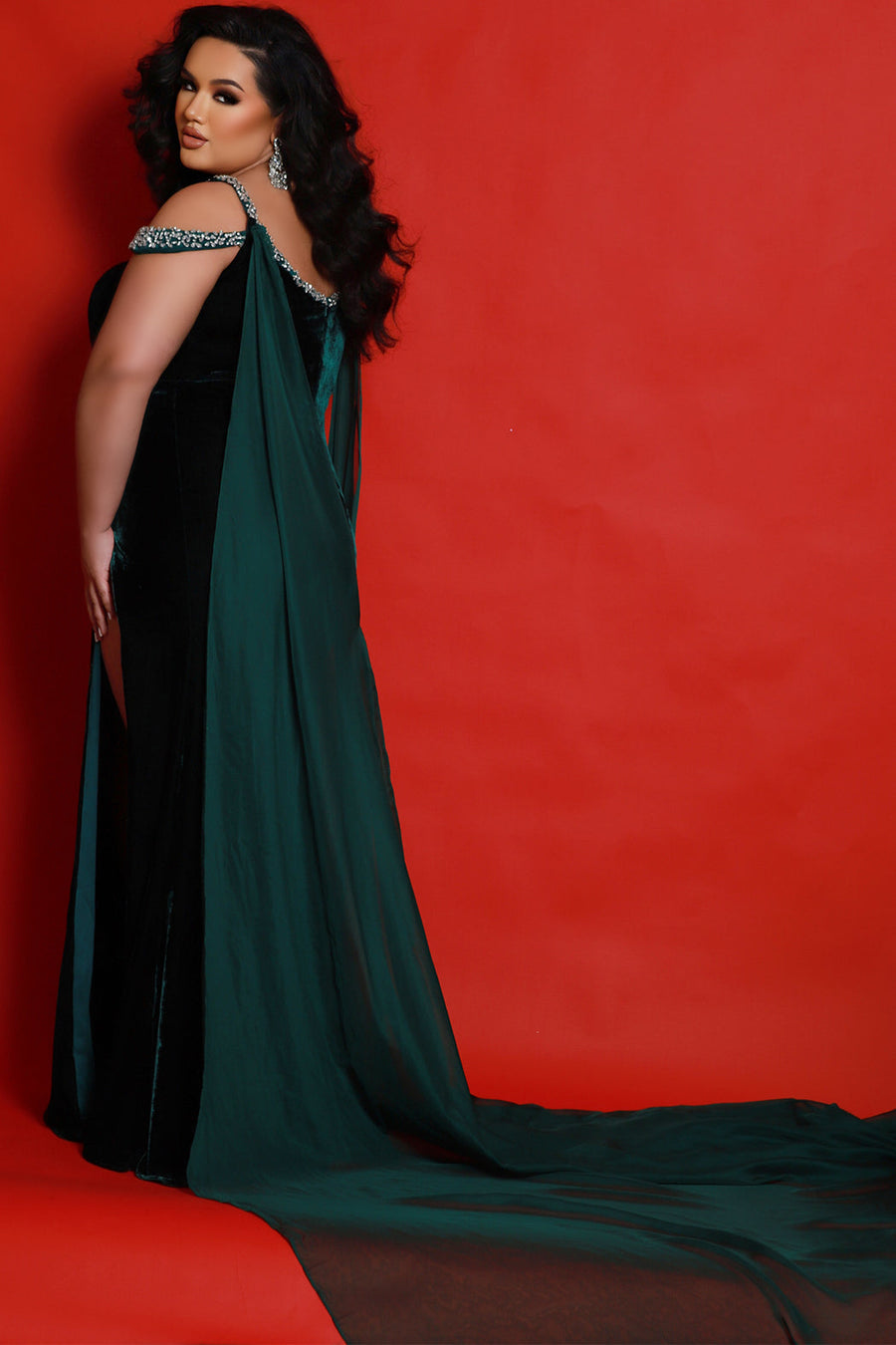 Plus Size Dresses Long Formal Velvet Slit Plus Size Beaded Evening Prom Dress Forest