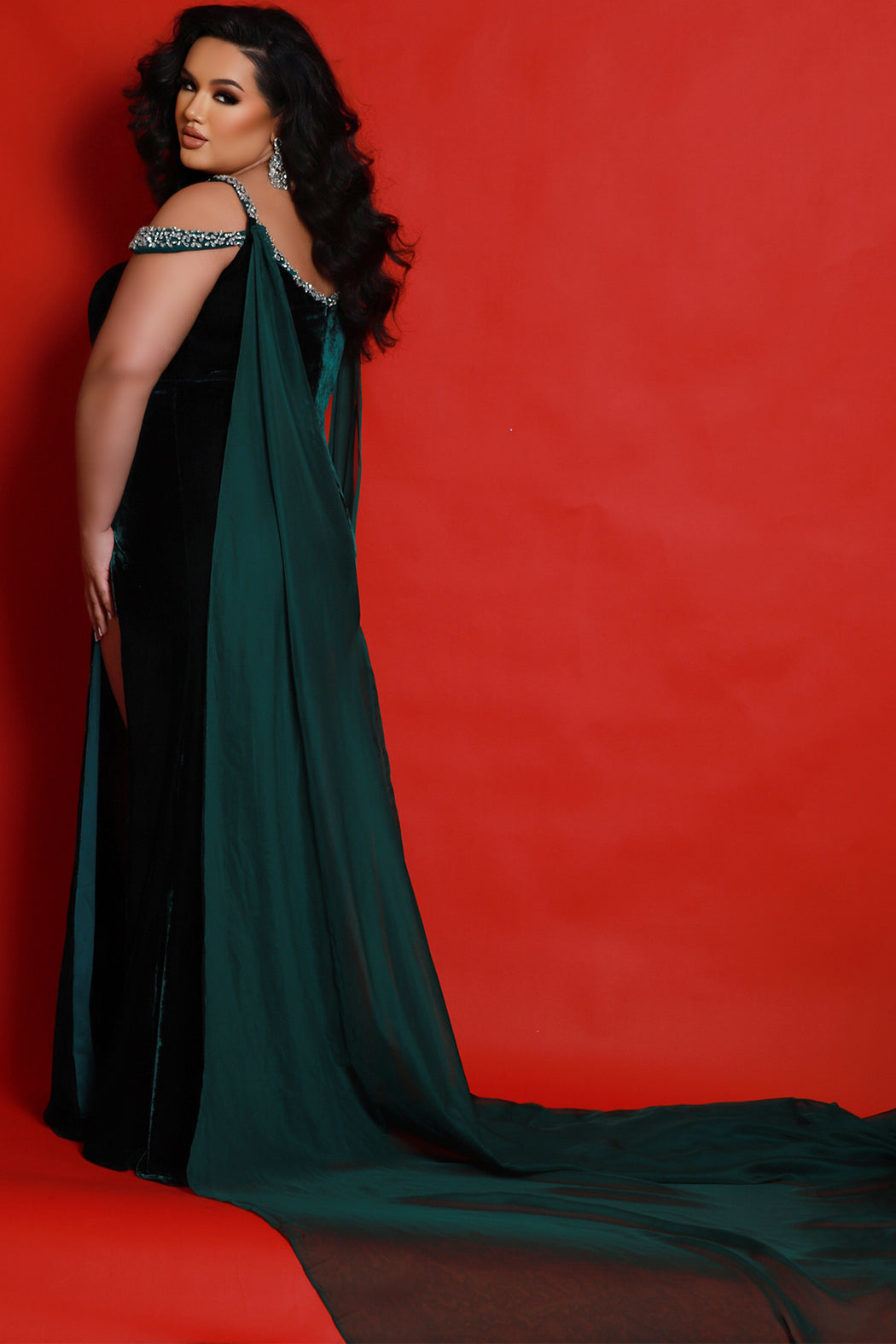 Plus Size Dresses Long Formal Velvet Slit Plus Size Beaded Evening Prom Dress Forest