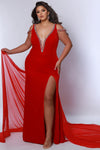 Plus Size Dresses Long Formal Velvet Slit Plus Size Beaded Evening Prom Dress Crimson