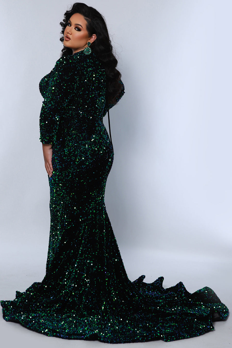 Plus Size Dresses Mermaid Long Formal Velvet Sequin Evening Plus Size Dress  Peacock
