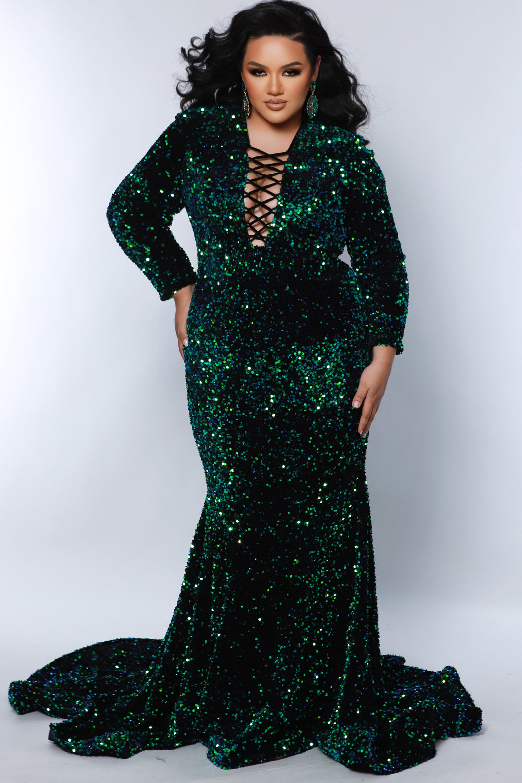 Plus Size Dresses Mermaid Long Formal Velvet Sequin Evening Plus Size Dress  Peacock