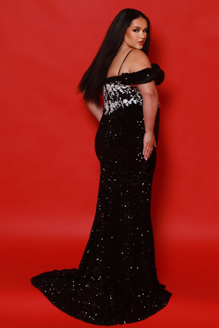 Plus Size Dresses Long Mermaid Prom Sequin Floral Formal Plus Size Dress White/Black