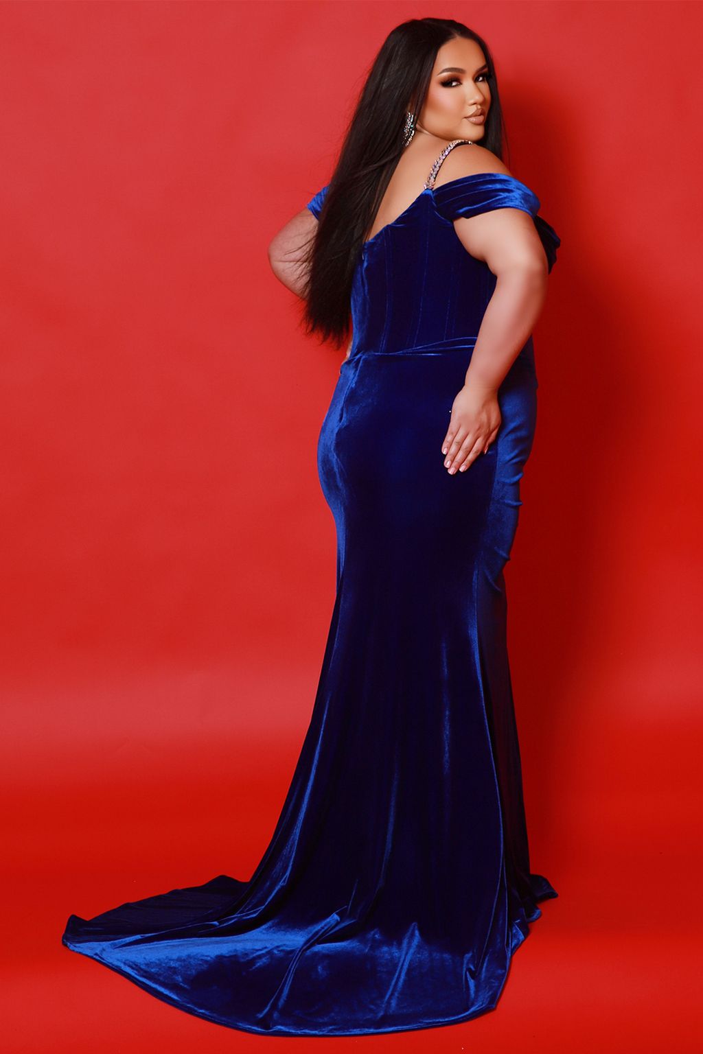 Plus Size Dresses Long Velvet Beaded Pleated Plus Size Forma Prom Dress Royal