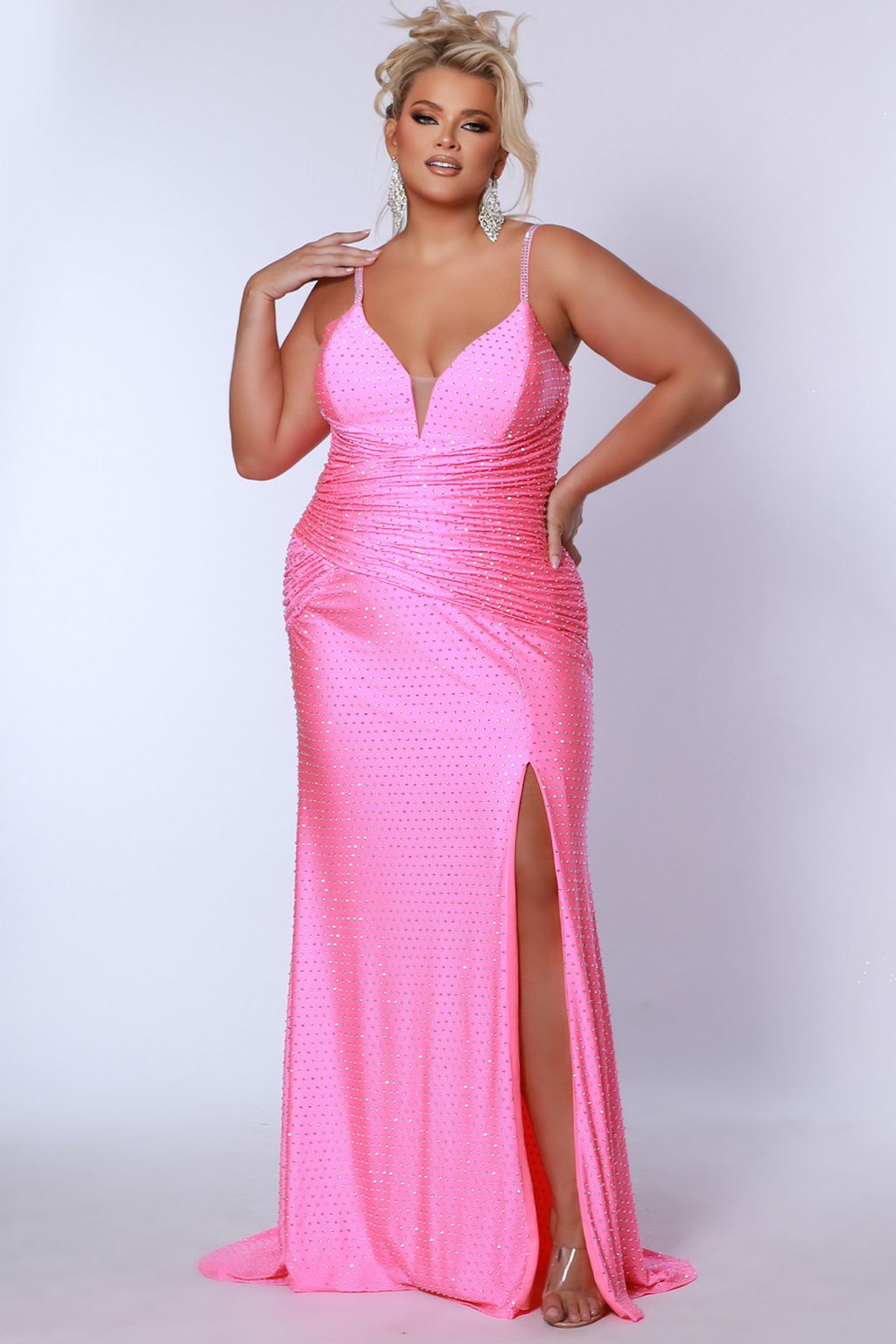 Plus Size Dresses Fitted Long Slit Ruched Plus Size Prom Dress Hot Pink