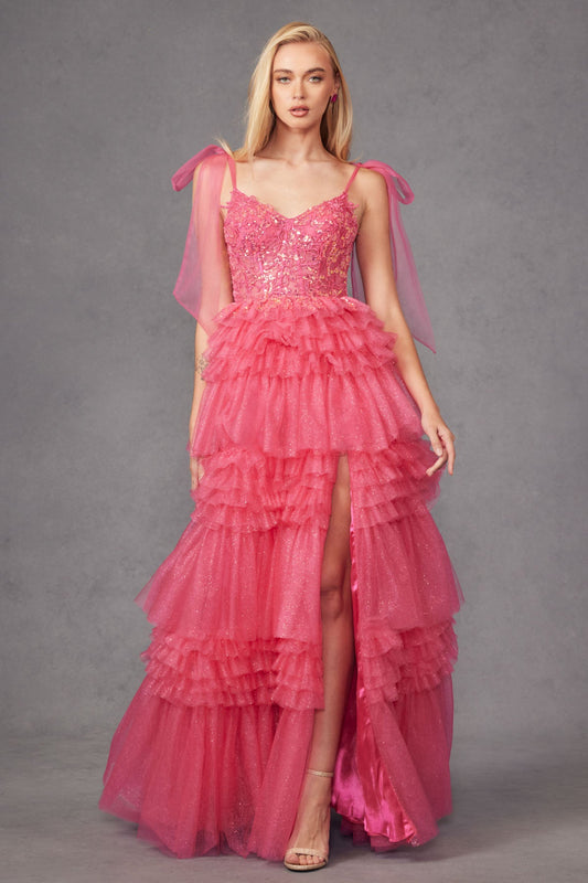 Prom Dresses Tiered Ruffle Skirt Long Formal Prom Gown Fuchsia