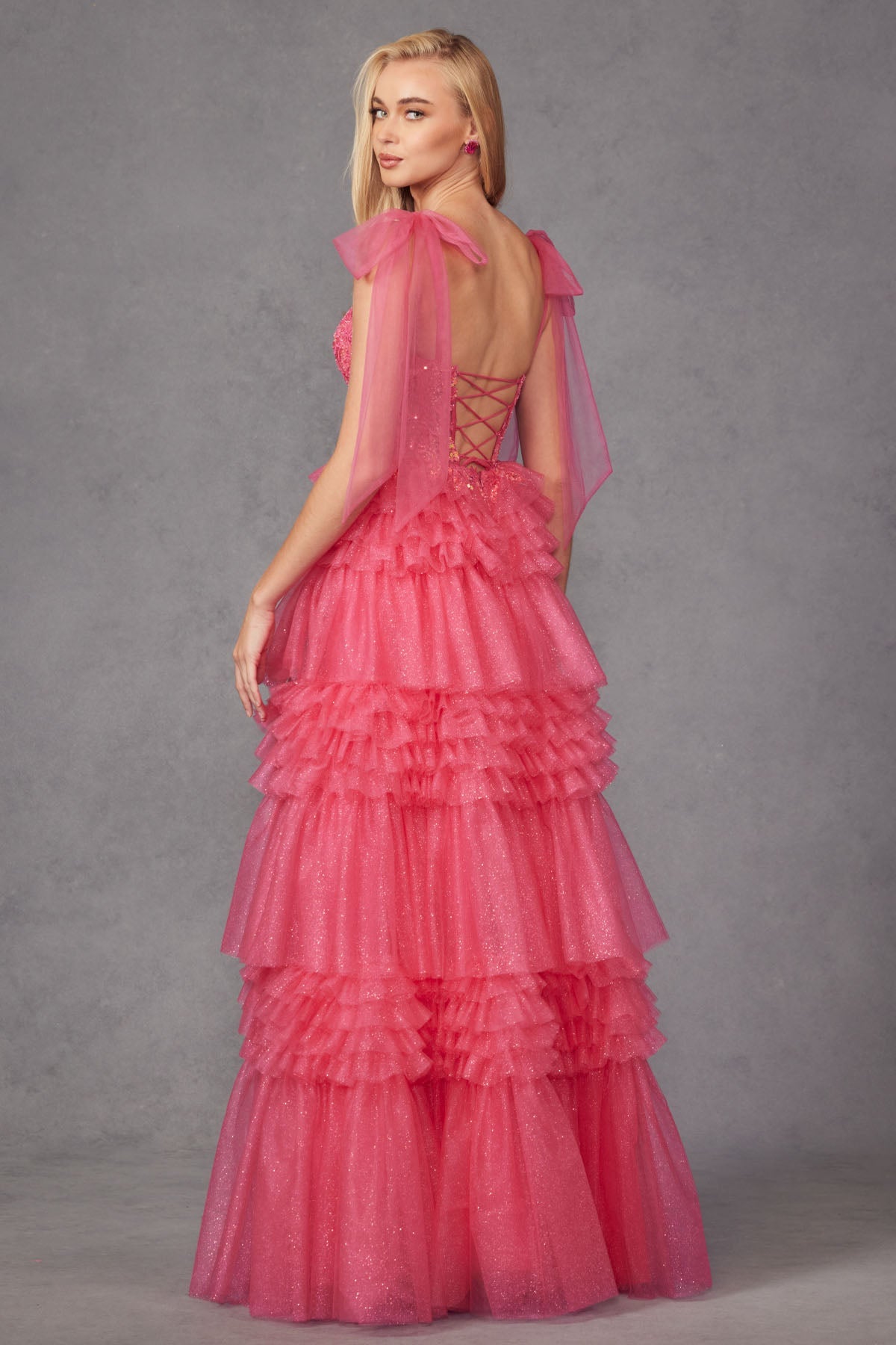 Prom Dresses Tiered Ruffle Skirt Long Formal Prom Gown Fuchsia